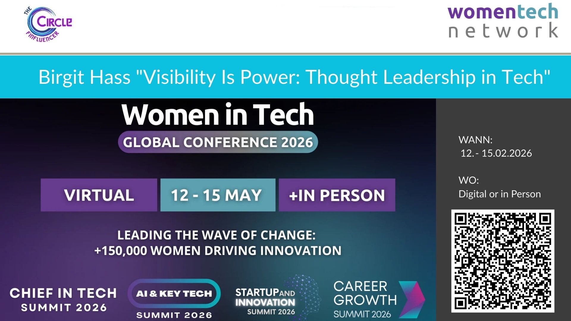 🔔 Speaker Announcement: Women in Tech Global conference with the founder of the finfluencer circle Birgit Hass